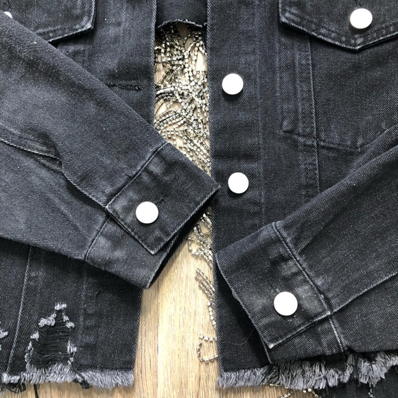 Blue B. Cropped Black Denim Jacket with Silver Rhinestone Fringe - Picture 13 of 16